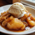 Close-up of warm, spiced apple pie filling topped with a scoop of melting vanilla ice cream.