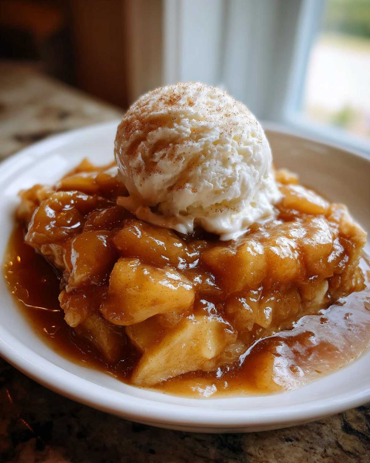 A serving of rich apple pie filling topped with vanilla ice cream and cinnamon.