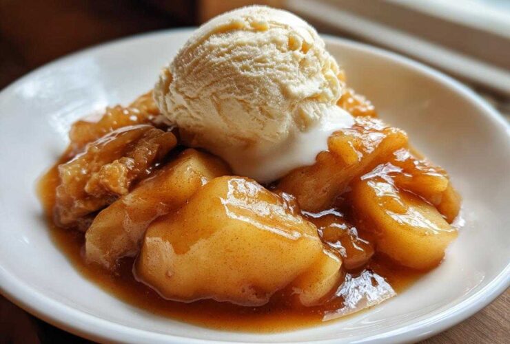 Close-up of warm, spiced apple pie filling topped with a scoop of melting vanilla ice cream.