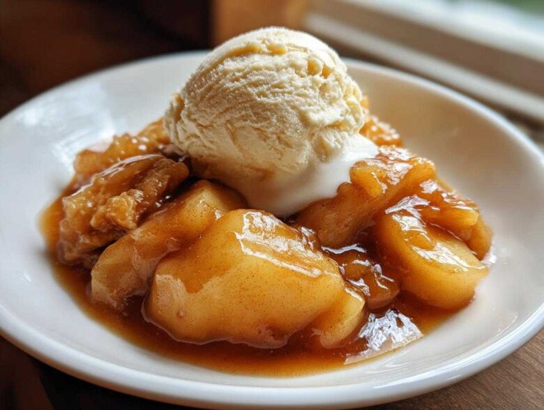 Close-up of warm, spiced apple pie filling topped with a scoop of melting vanilla ice cream.