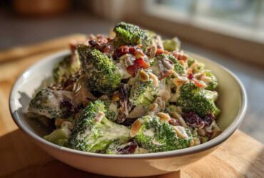 A close-up of a creamy broccoli salad featuring fresh broccoli florets, bacon bits, dried cranberries, and slivered almonds.