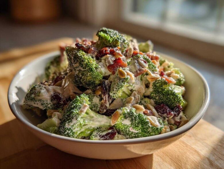A close-up of a creamy broccoli salad featuring fresh broccoli florets, bacon bits, dried cranberries, and slivered almonds.