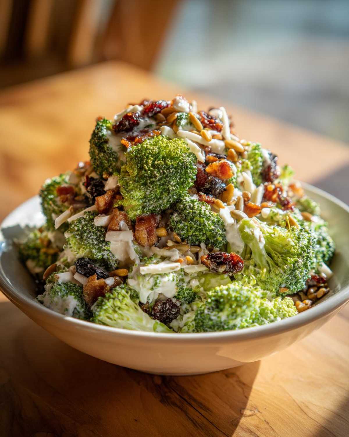 A close-up of a creamy broccoli salad topped with bacon, sunflower seeds, and dried cranberries.