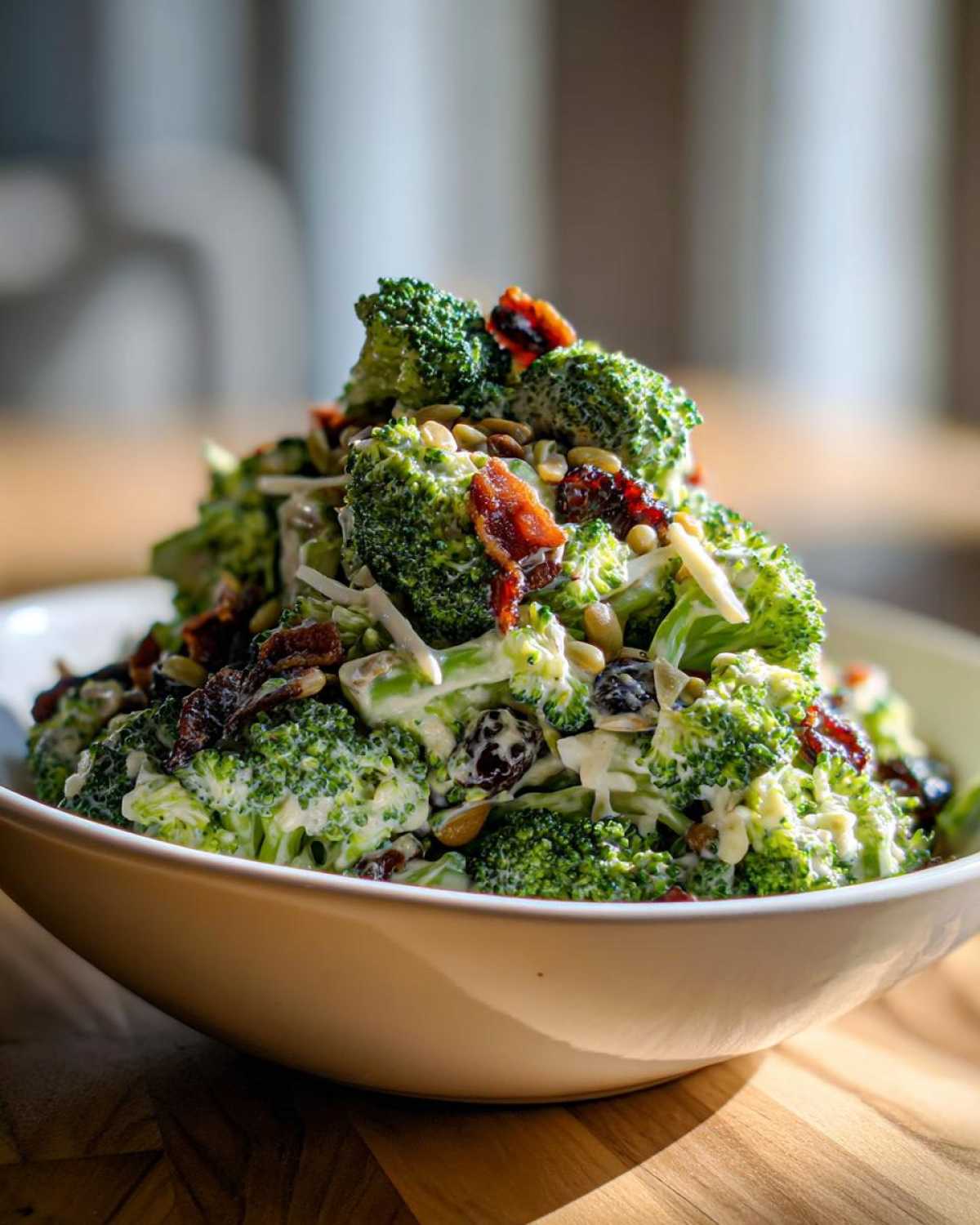 Close-up of a creamy, crunchy broccoli salad topped with bacon, sunflower seeds, and dried cranberries in a white bowl.