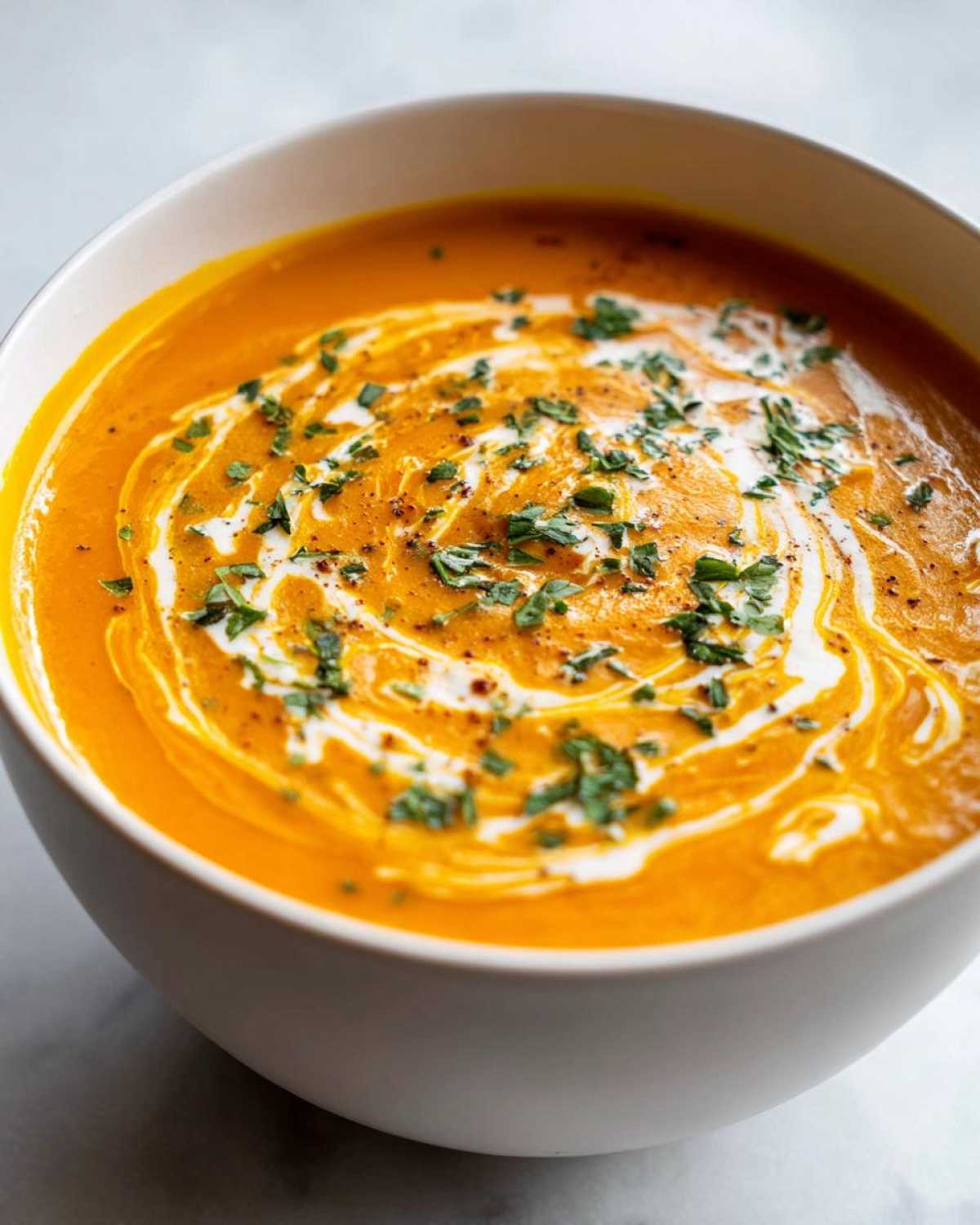 Close-up of rich, orange butternut squash soup garnished with a cream swirl and fresh parsley.