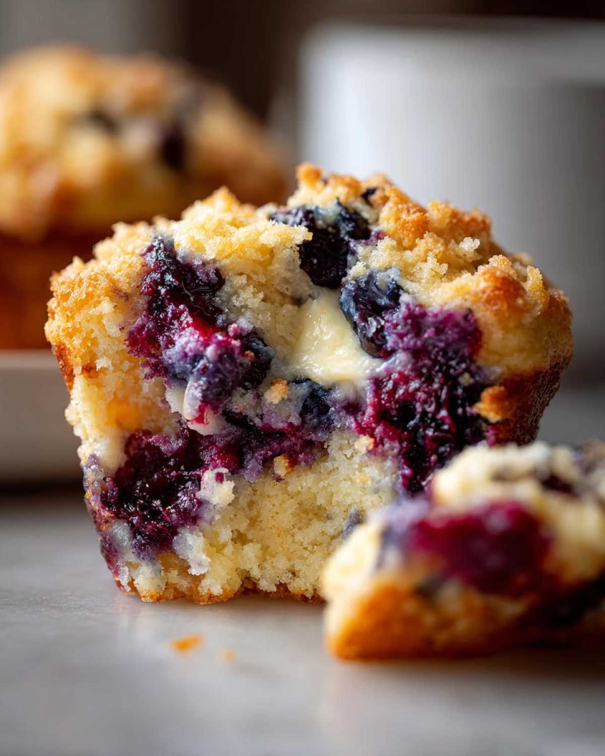 Close-up of a blueberry cream cheese muffin cut in half showing the moist crumb and cream cheese center.