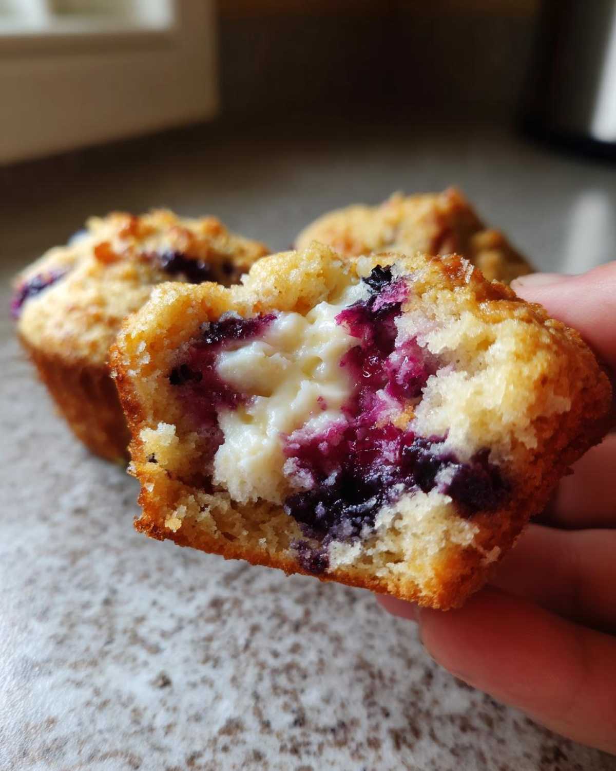 Close-up of a blueberry cream cheese muffins half showing the moist cake, purple berries, and creamy center.