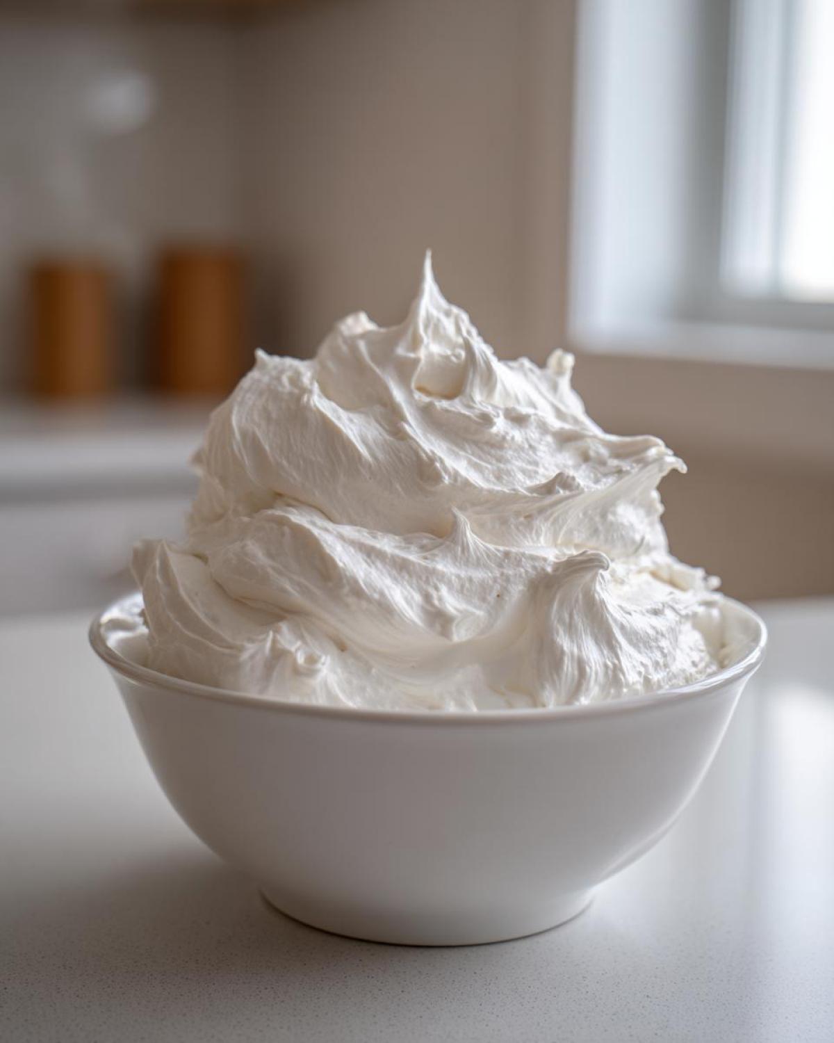 A white bowl filled with stiff, perfectly whipped royal icing recipe, ready for decorating.