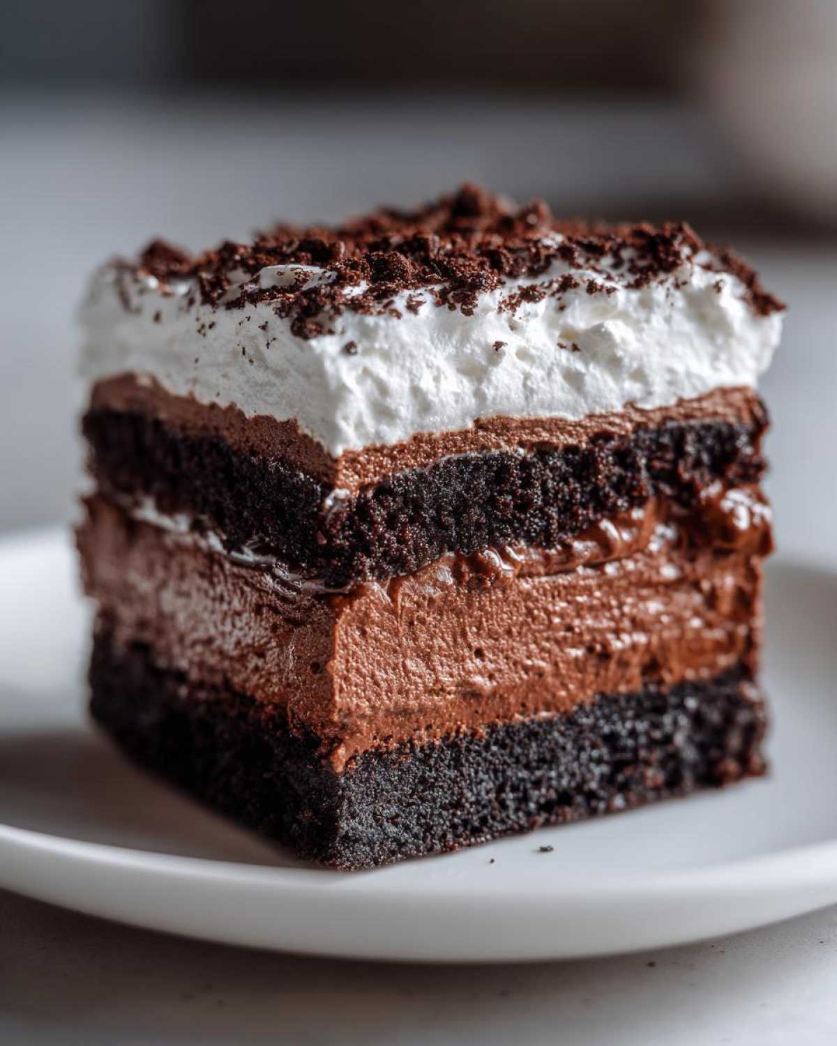 Close-up of a rich, layered brownie refrigerator cake slice with chocolate mousse and whipped cream topping.