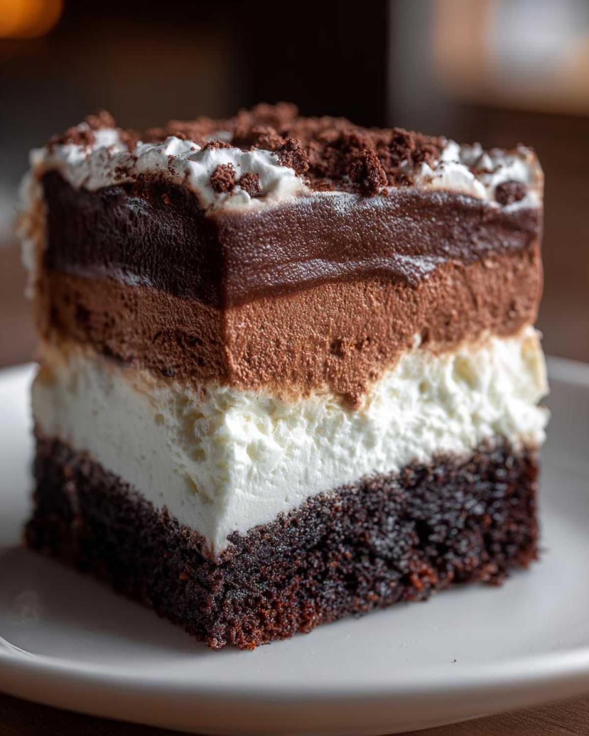 Close-up of a rich slice of brownie refrigerator cake showing four distinct layers.