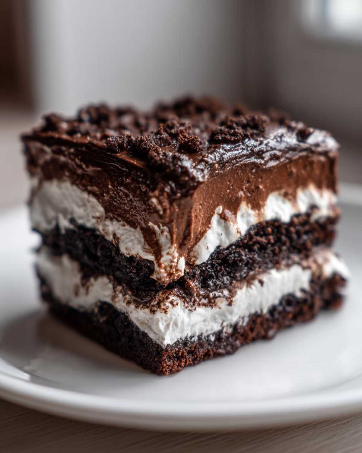 A close-up of a decadent slice of brownie refrigerator cake showing alternating dark chocolate and white cream layers.