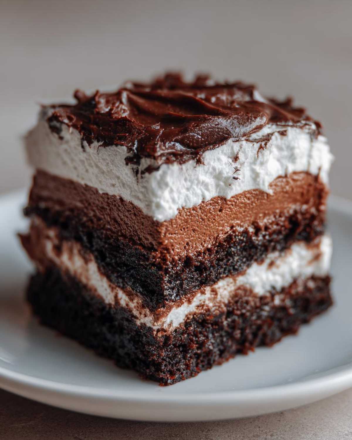 Close-up of a rich slice of brownie refrigerator cake showing multiple layers of dark cake, mousse, and white cream.