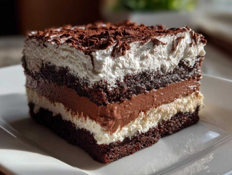 Close-up of a rich, layered brownie refrigerator cake slice topped with whipped cream and chocolate shavings.