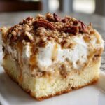 A close-up of a moist slice of butter pecan praline poke cake topped with whipped cream and pecans.