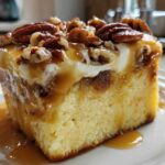 A close-up of a slice of moist butter pecan praline poke cake topped with whipped cream, caramel sauce, and pecans.