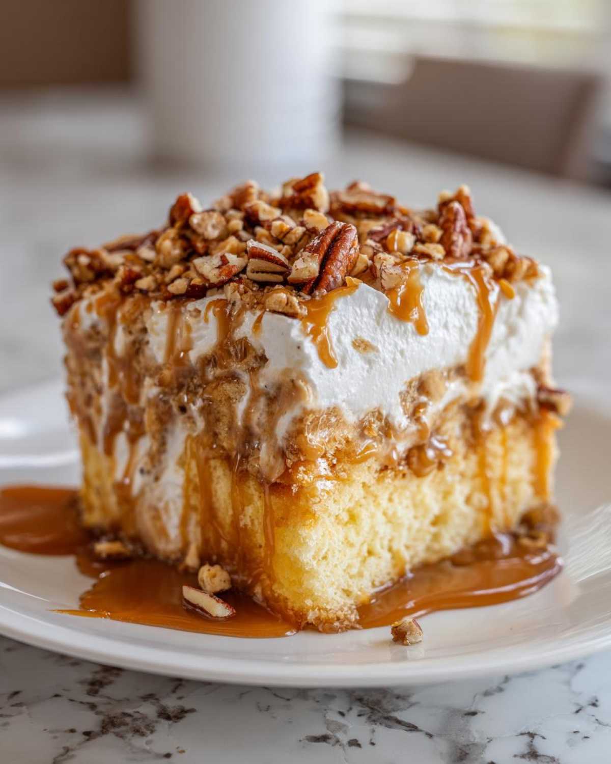 A moist slice of butter pecan praline poke cake topped with whipped cream, caramel drizzle, and chopped pecans.