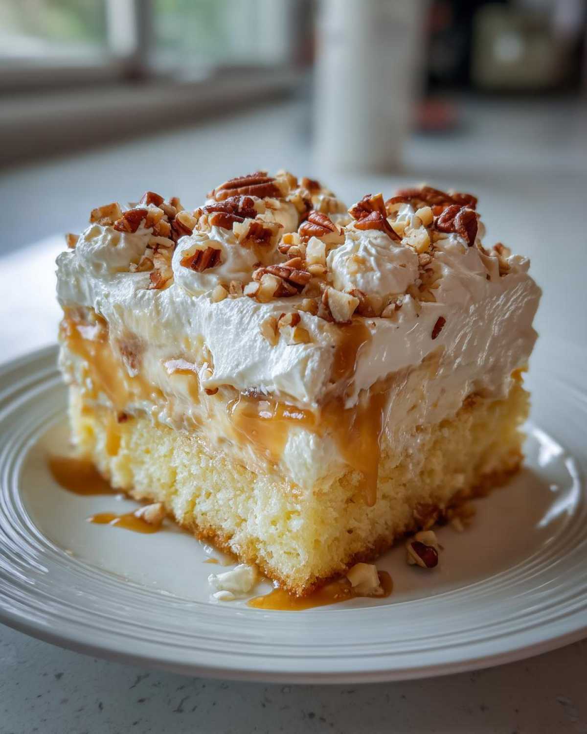 A rich slice of butter pecan praline poke cake topped with whipped cream, caramel drizzle, and chopped pecans.