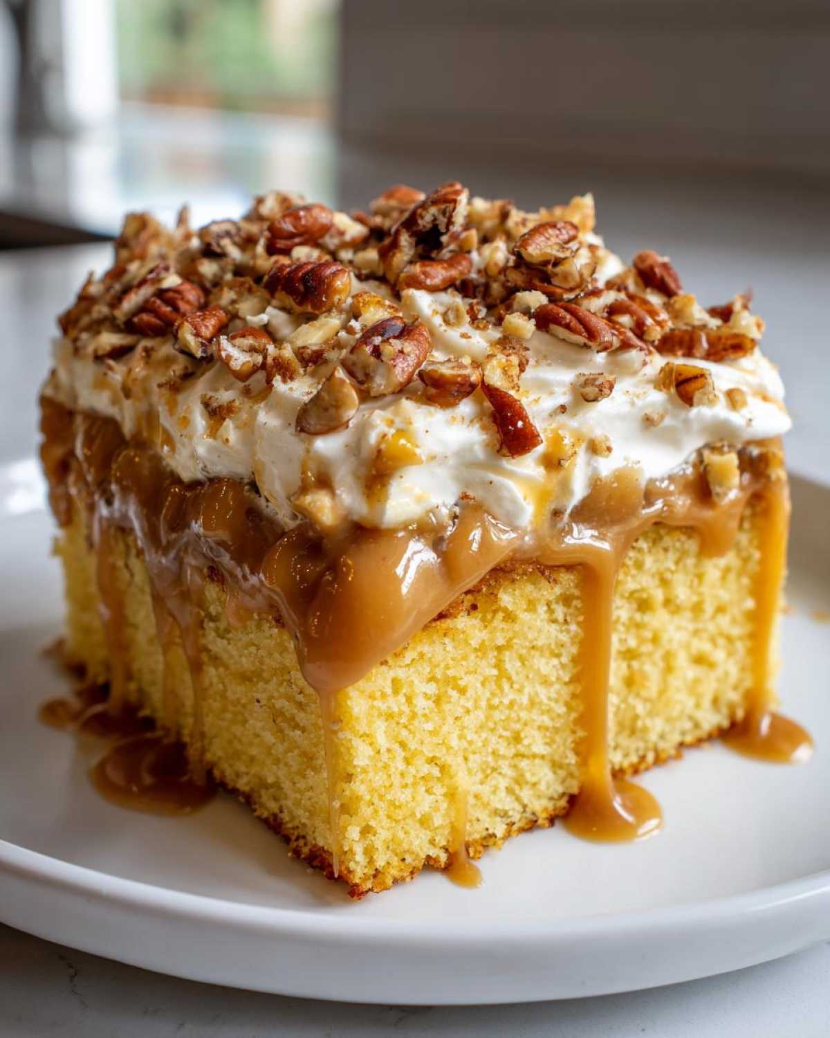 A decadent slice of butter pecan praline poke cake topped with whipped cream, caramel sauce, and chopped pecans.