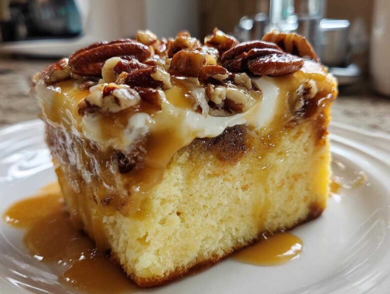 A close-up of a slice of moist butter pecan praline poke cake topped with whipped cream, caramel sauce, and pecans.