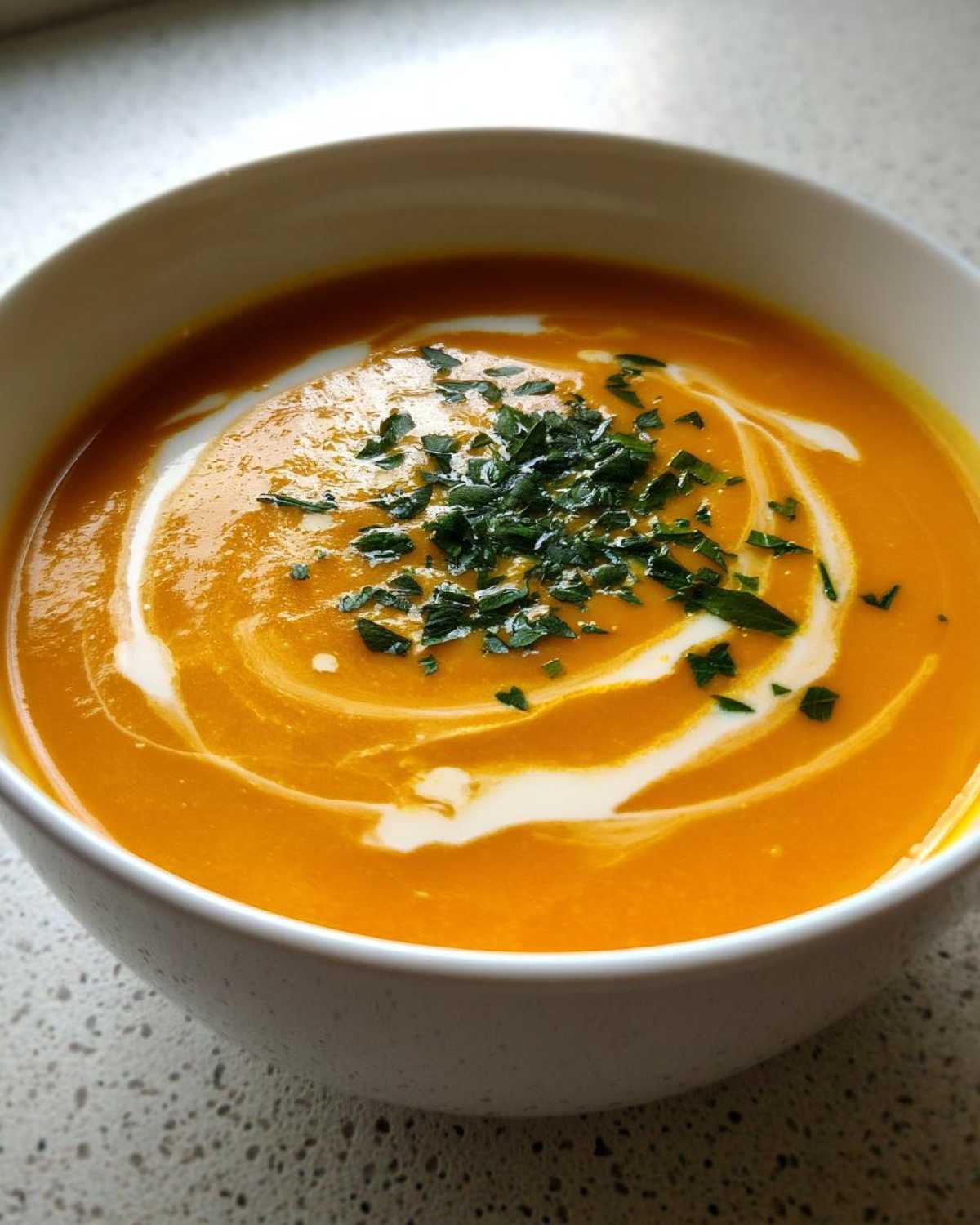 Close-up of vibrant orange butternut squash soup swirled with cream and topped with fresh chopped parsley.