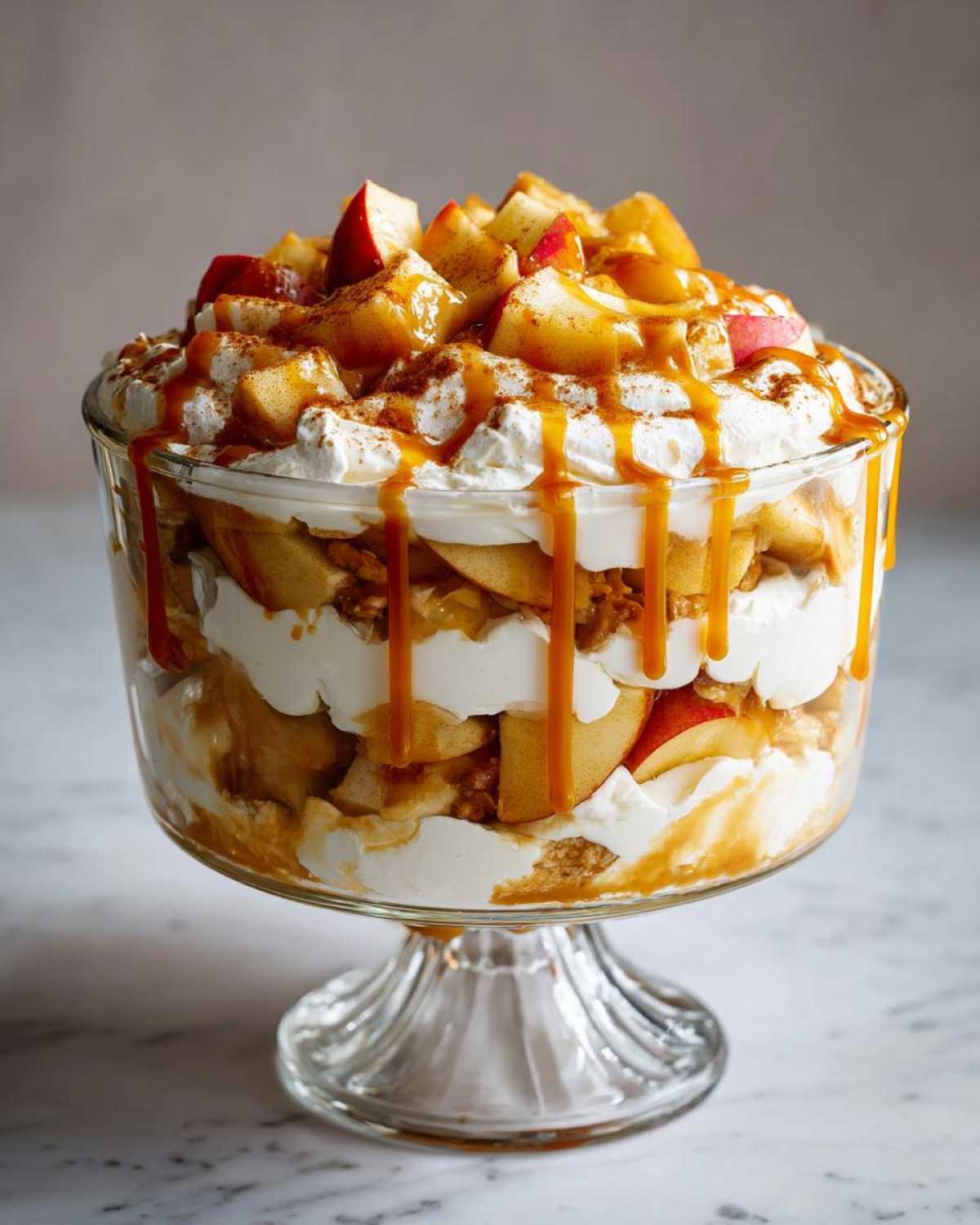 A tall glass trifle bowl filled with layers of cream, apples, and cake, topped with fresh apples and drizzled heavily with caramel sauce for a caramel apple trifle.