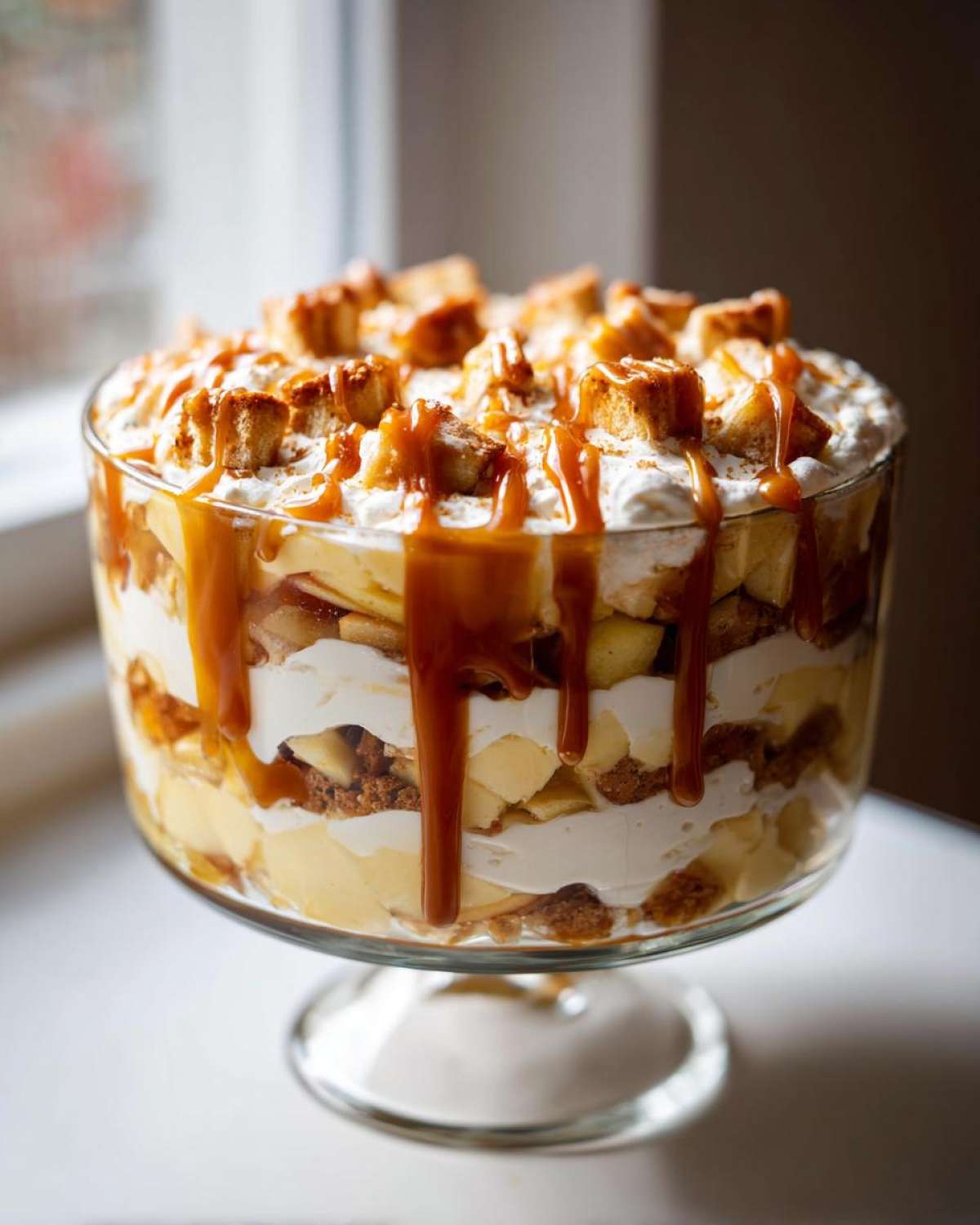 Close-up of a stunning caramel apple trifle layered in a glass pedestal dish, drizzled heavily with caramel sauce.