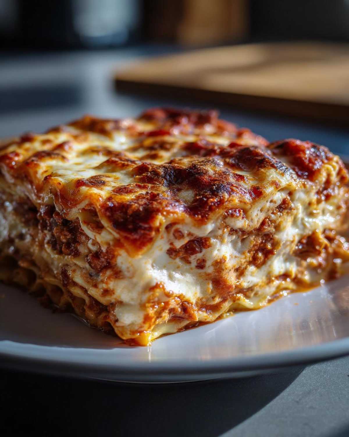 Close-up of a rich, cheesy slice of baked ravioli casserole with browned top layer.