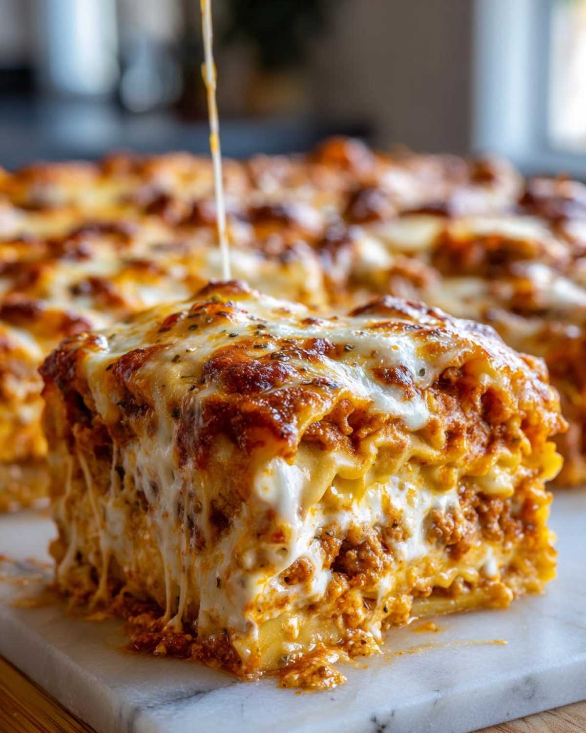 A thick, cheesy slice of baked ravioli casserole being lifted, showing a dramatic cheese pull.