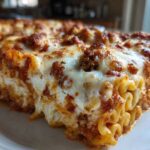 A close-up slice of cheesy baked ravioli layered with meat sauce and melted mozzarella cheese.