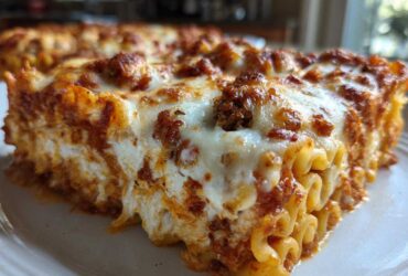 A close-up slice of cheesy baked ravioli layered with meat sauce and melted mozzarella cheese.