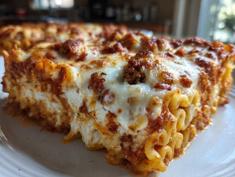 A close-up slice of cheesy baked ravioli layered with meat sauce and melted mozzarella cheese.