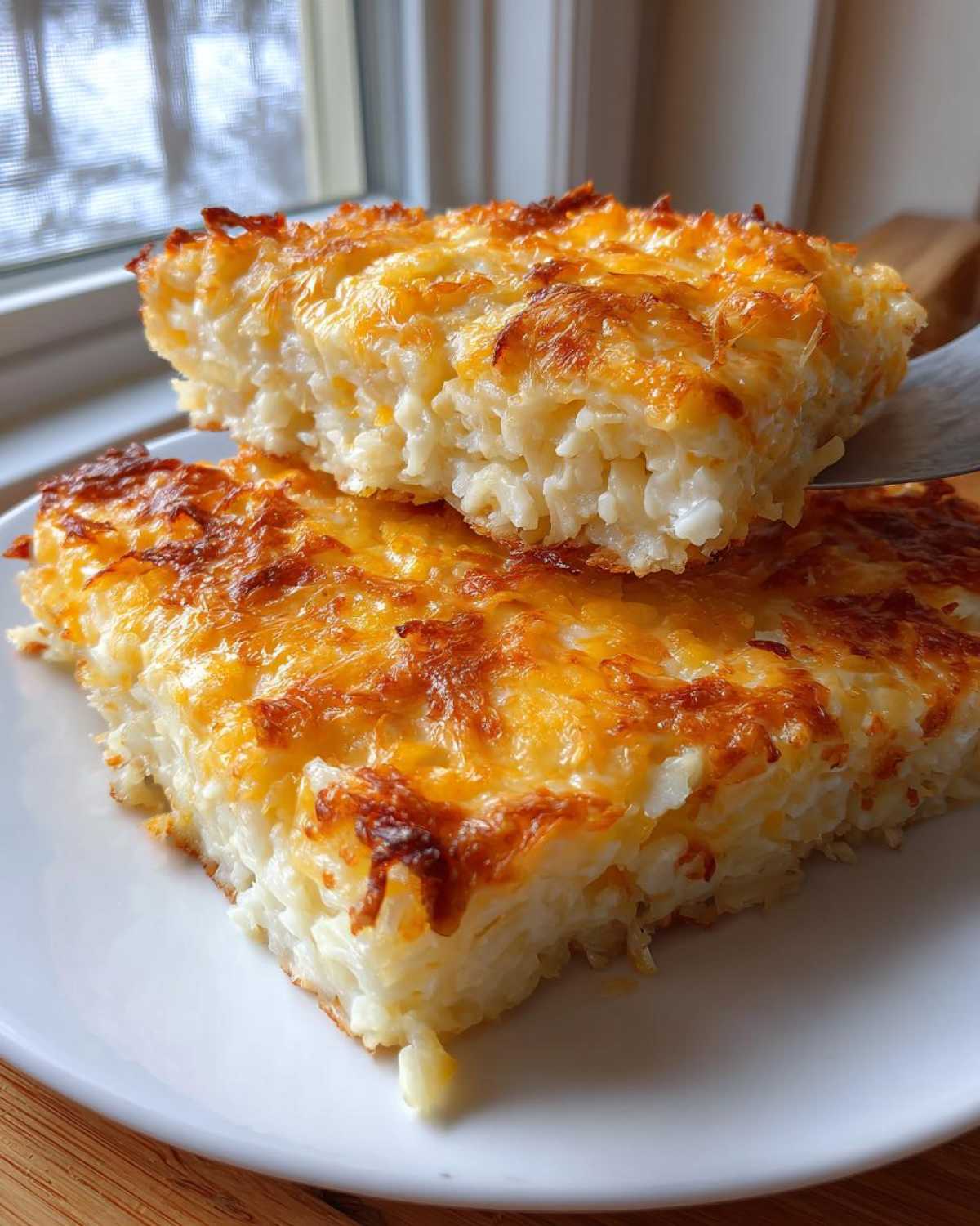 Two squares of baked cheesy potato casserole, featuring a golden-brown melted cheese top, being served on a white plate.