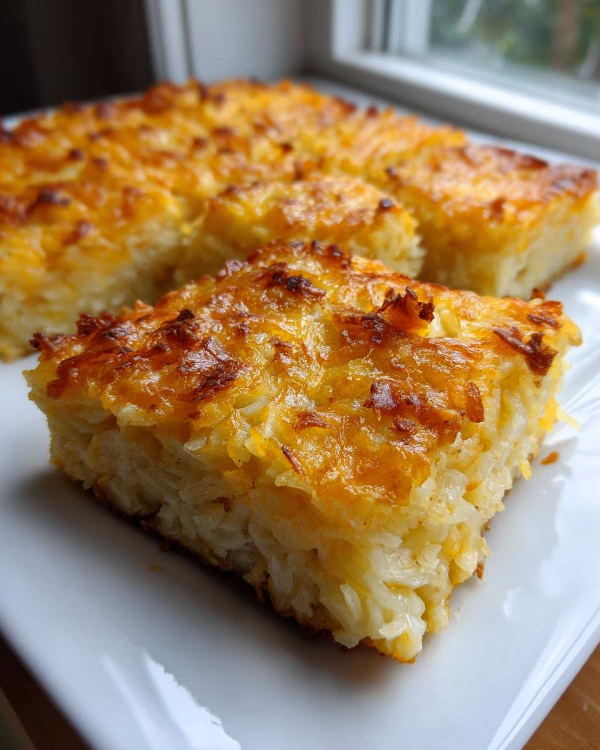 A close-up serving of cheesy potato casserole squares with a golden, melted cheese topping.