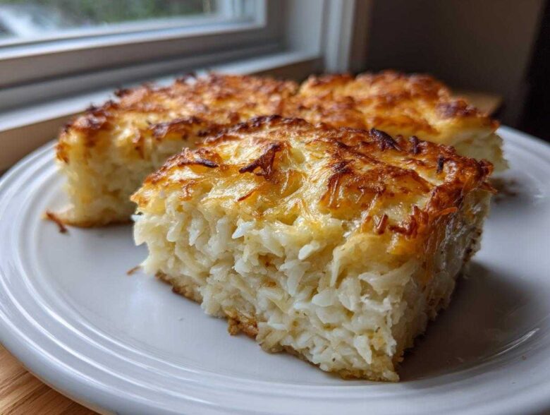 Close-up of two squares of cheesy potato casserole with a golden brown, baked cheese topping.