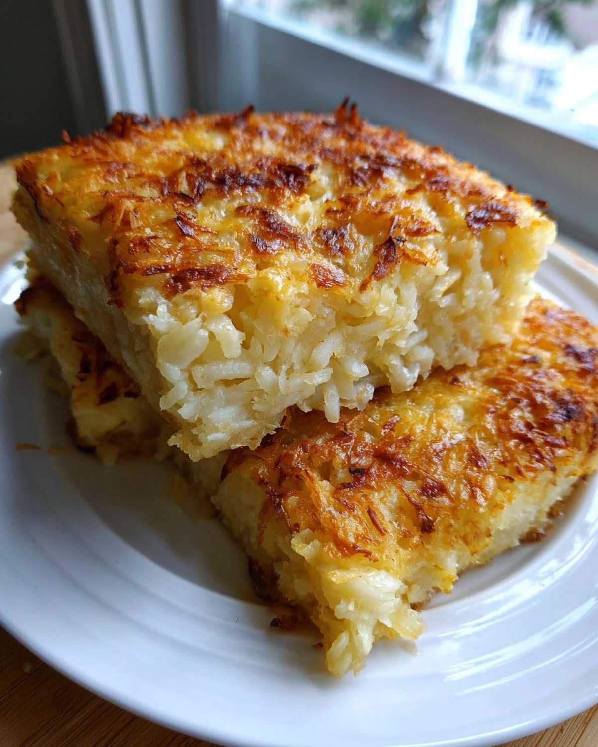 Two stacked squares of baked cheesy potato casserole with a crispy, golden-brown top.