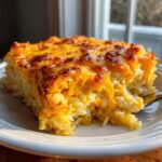 A close-up serving of cheesy potato casserole with a bubbly, golden-brown cheese crust on a white plate.
