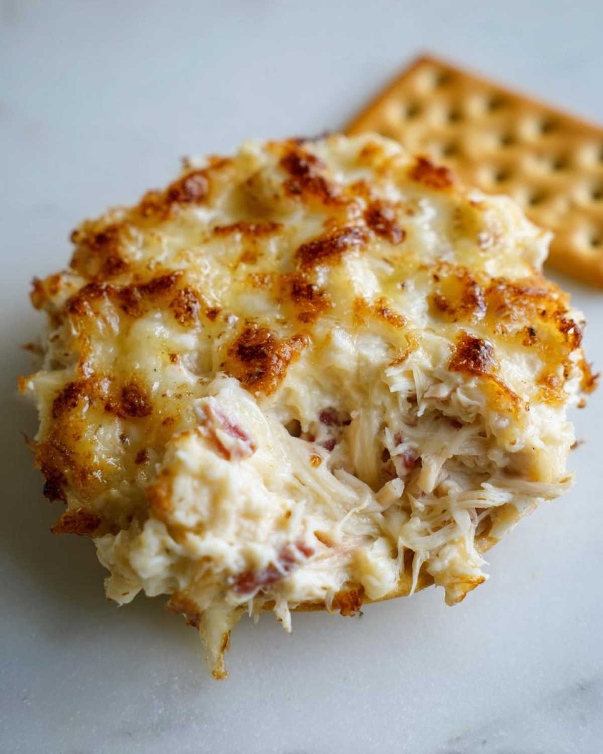 Close-up of a spoonful of hot, cheesy reuben dip with shredded filling, served next to a cracker.
