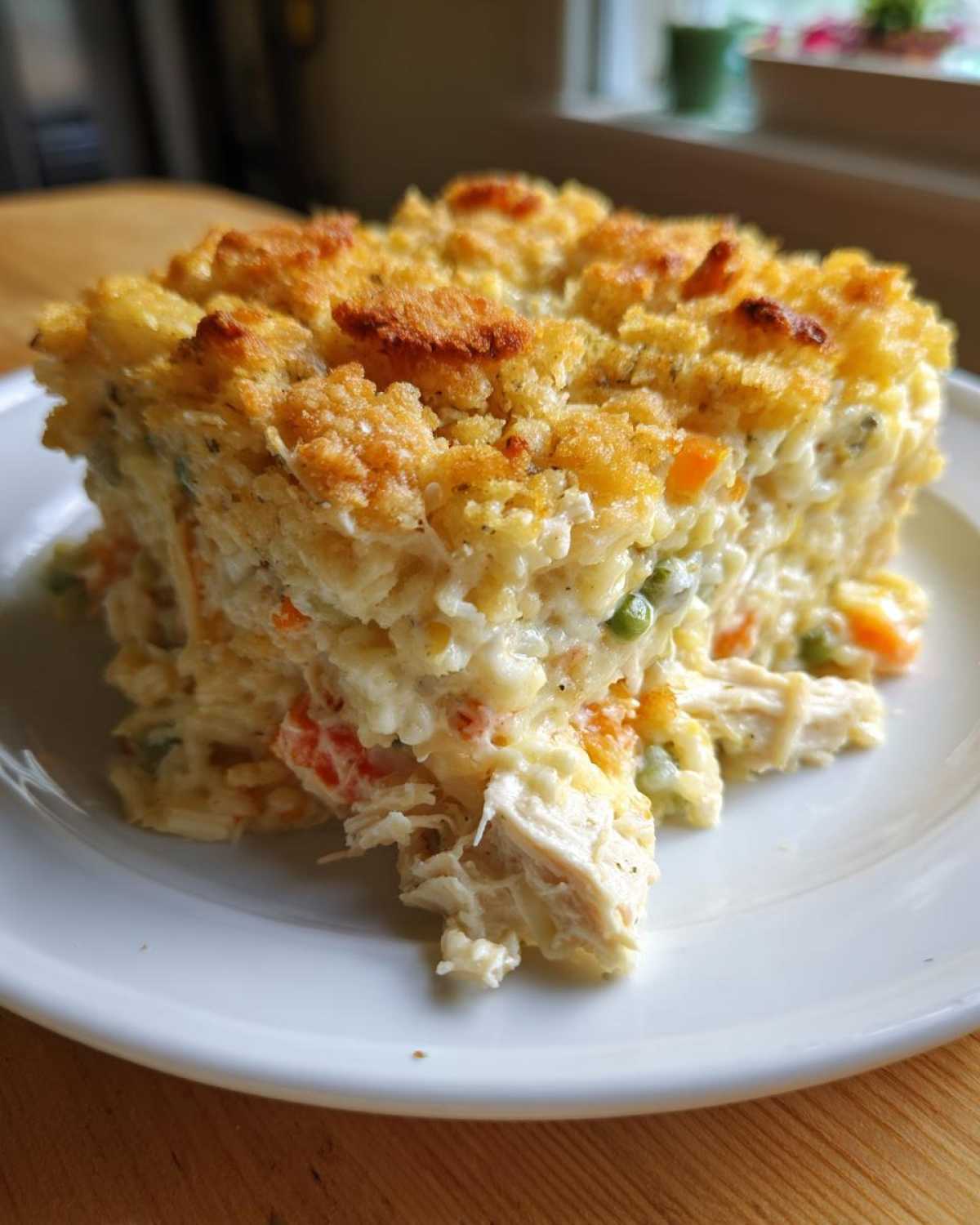 A hearty slice of cheesy rice casserole with shredded chicken and vegetables, topped with a golden crust.