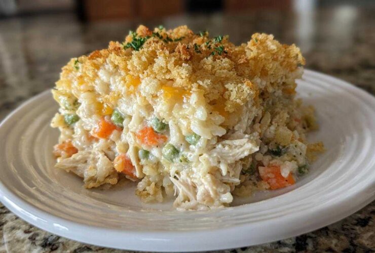 A hearty serving of cheesy rice casserole featuring shredded chicken, peas, carrots, and a golden, crunchy breadcrumb topping.
