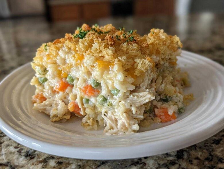 A hearty serving of cheesy rice casserole featuring shredded chicken, peas, carrots, and a golden, crunchy breadcrumb topping.