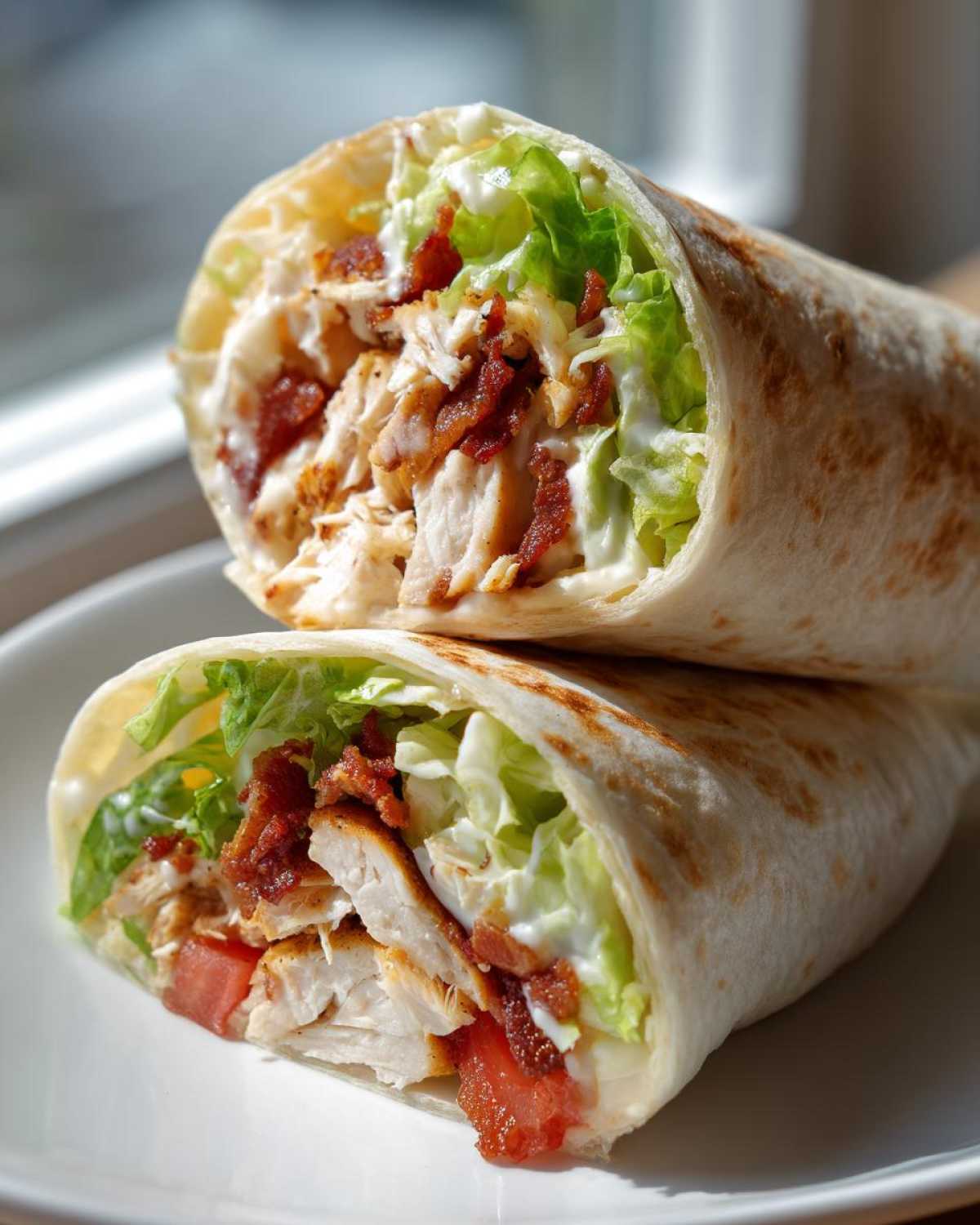 Two halves of a chicken bacon ranch wrap stacked on a white plate, showing chicken, bacon, lettuce, and ranch dressing.
