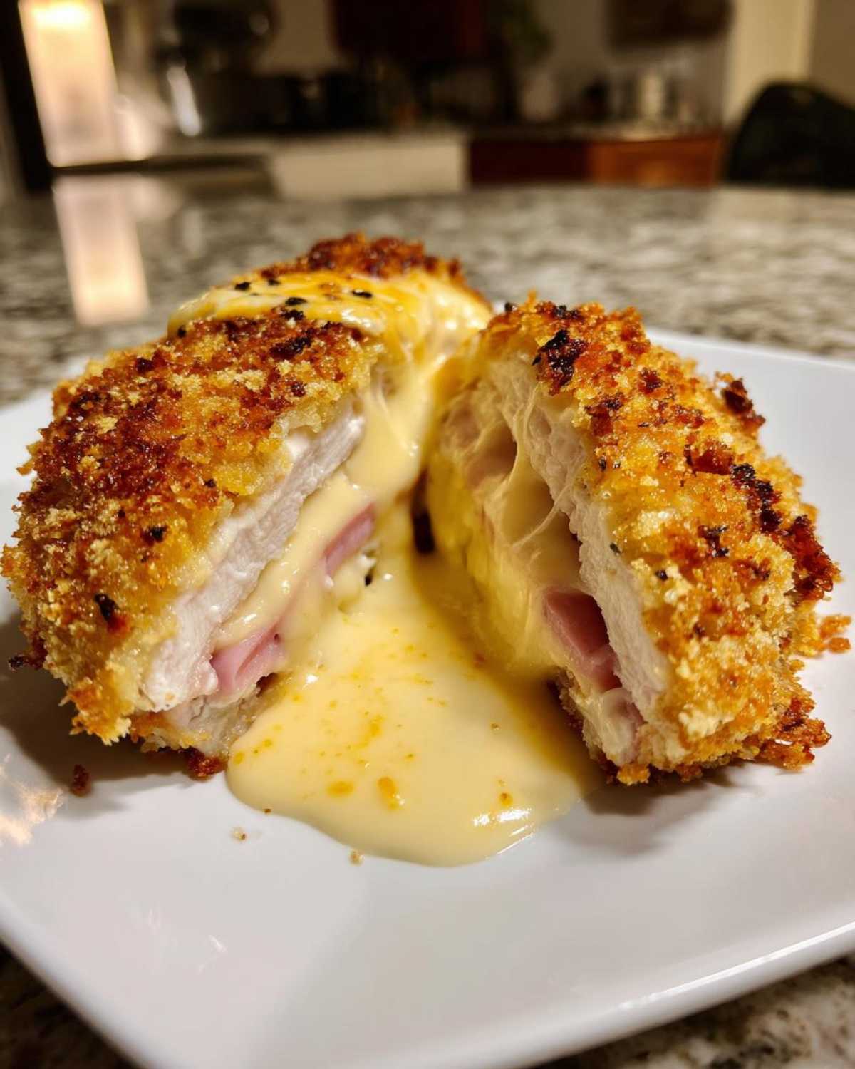 Close-up of chicken cordon bleu cut in half showing melted cheese and ham filling oozing out.