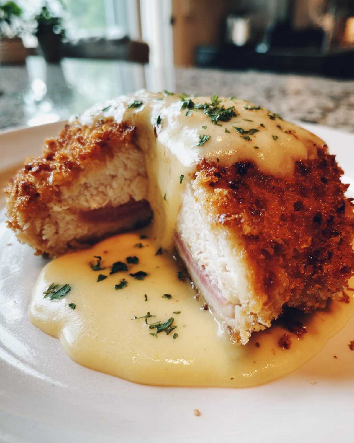 A cross-section of breaded chicken cordon bleu showing ham and cheese filling, topped with a rich, creamy sauce and parsley.