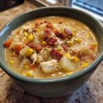 Close-up of a creamy bowl of chicken corn chowder topped with bacon bits, potatoes, and corn.