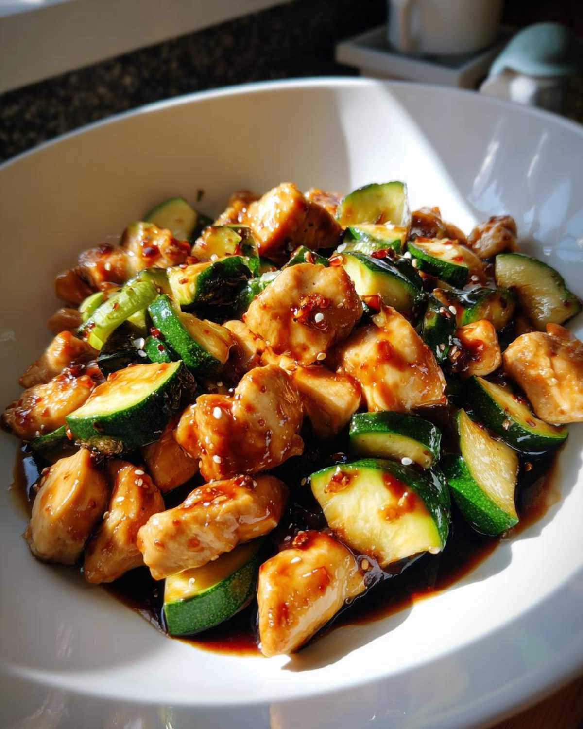 Close-up of a white bowl filled with glossy chicken zucchini stir fry, coated in a dark sauce and sprinkled with sesame seeds.