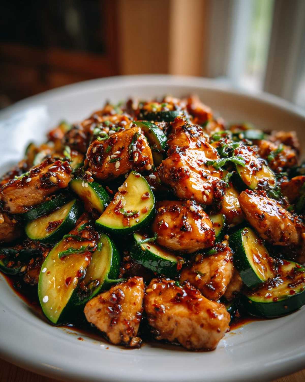 Close-up of glossy, saucy chicken zucchini stir fry pieces topped with sesame seeds.