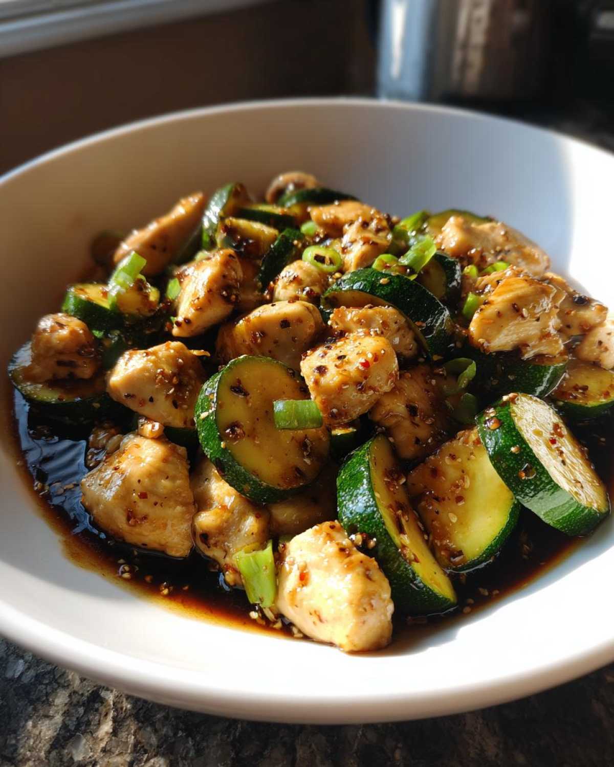 Close-up of bite-sized chicken pieces and sliced zucchini coated in a dark sauce in a white bowl, part of a chicken zucchini stir fry.