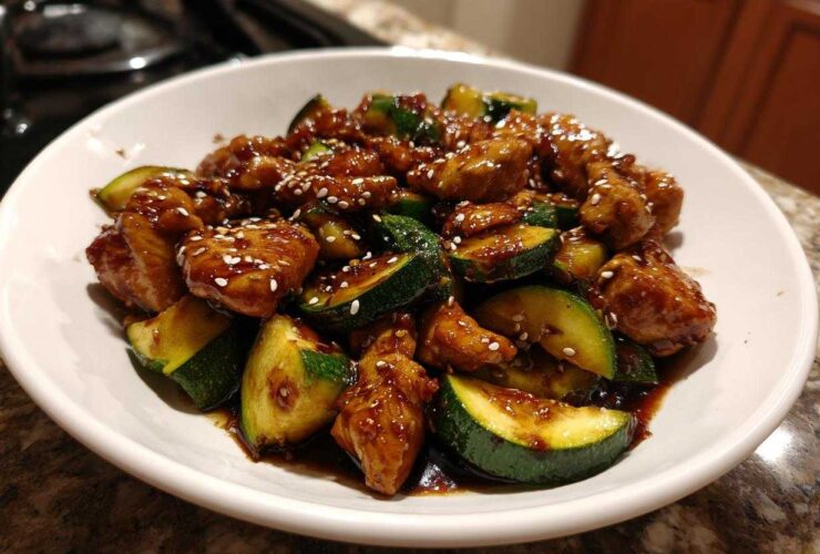 A white bowl filled with glossy chicken zucchini stir fry, topped with white sesame seeds.
