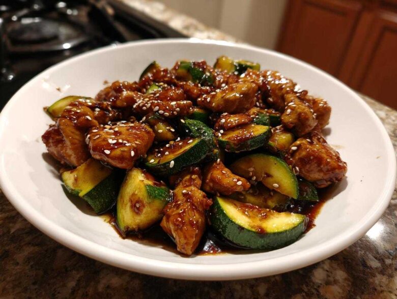 A white bowl filled with glossy chicken zucchini stir fry, topped with white sesame seeds.