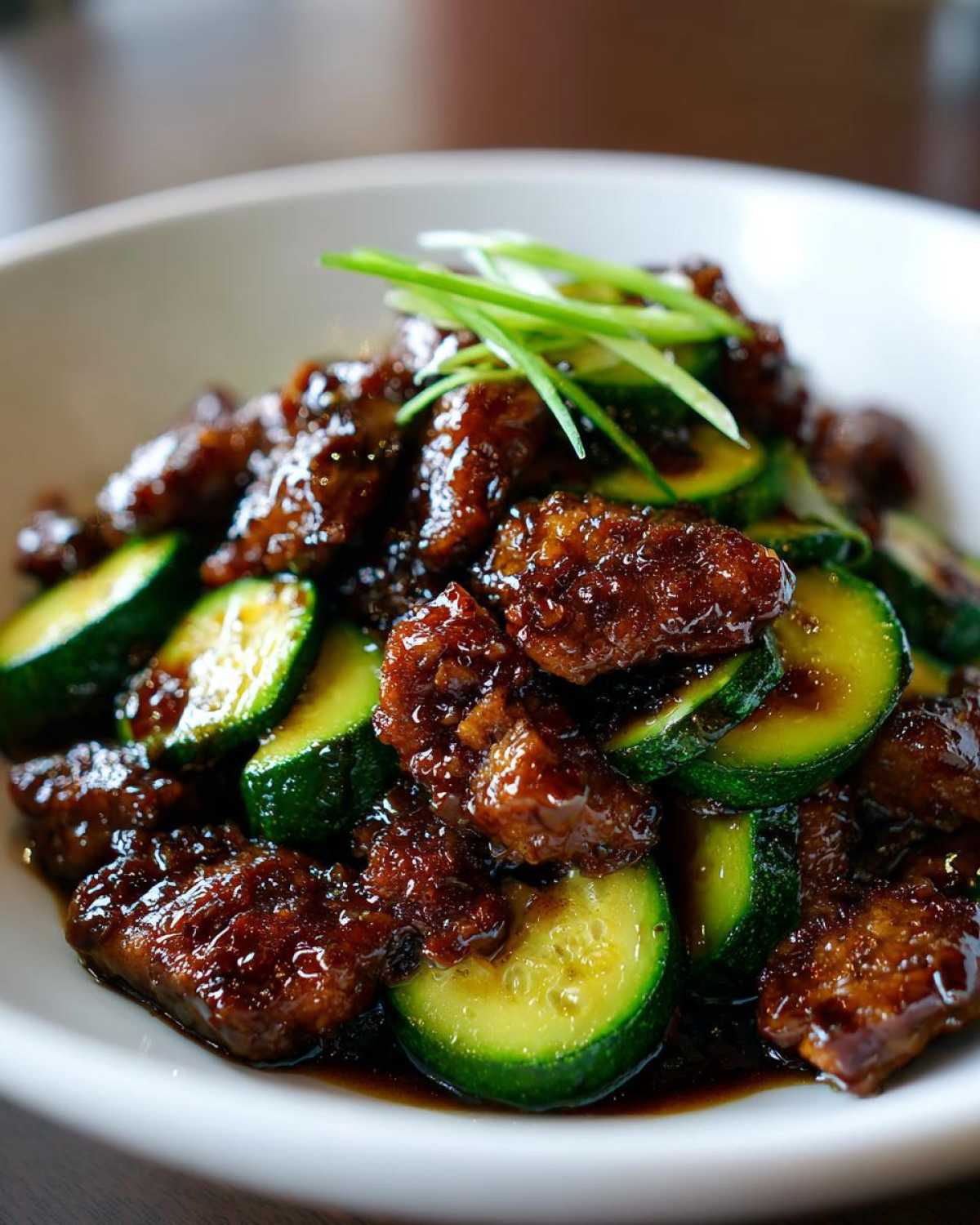 Close-up of glossy, saucy chicken pieces mixed with bright green zucchini slices in a chicken zucchini stir fry.